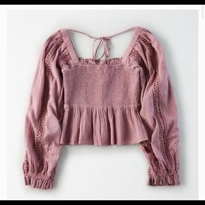 AE SQUARE NECK SMOCKED PEASANT TOP